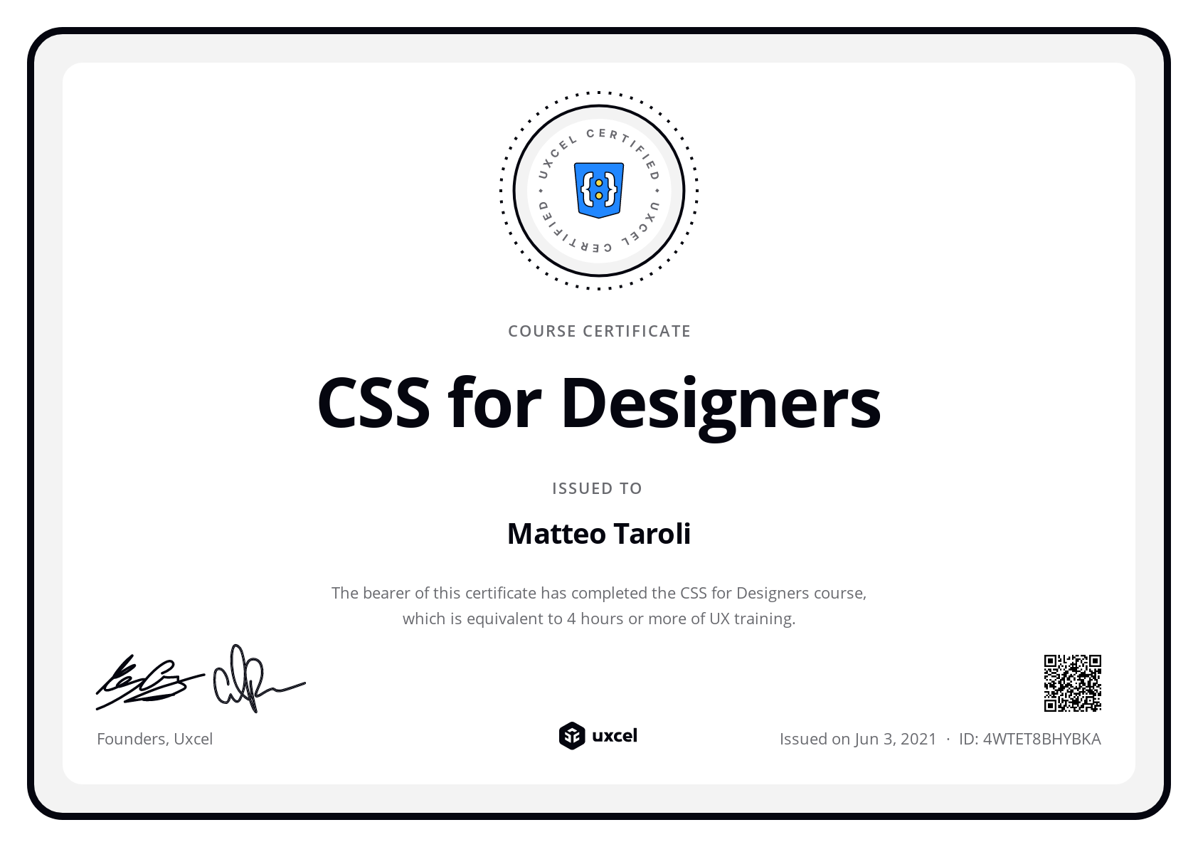 Matteo Taroli's certificate